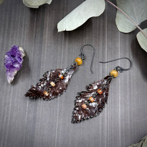 Snakeskin Leather Feather Earrings with Carnelian and Aventurine