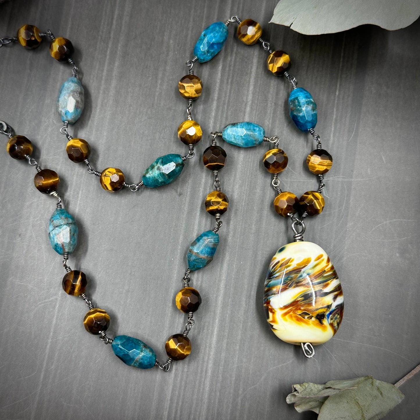 Tiger Eye, Apatite, Artisan Glass, and Sterling Silver Necklace