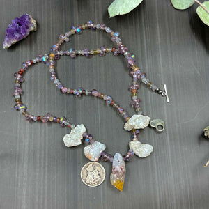 Druzy, Citrine, Cacoxenite, and Czech Glass Necklace
