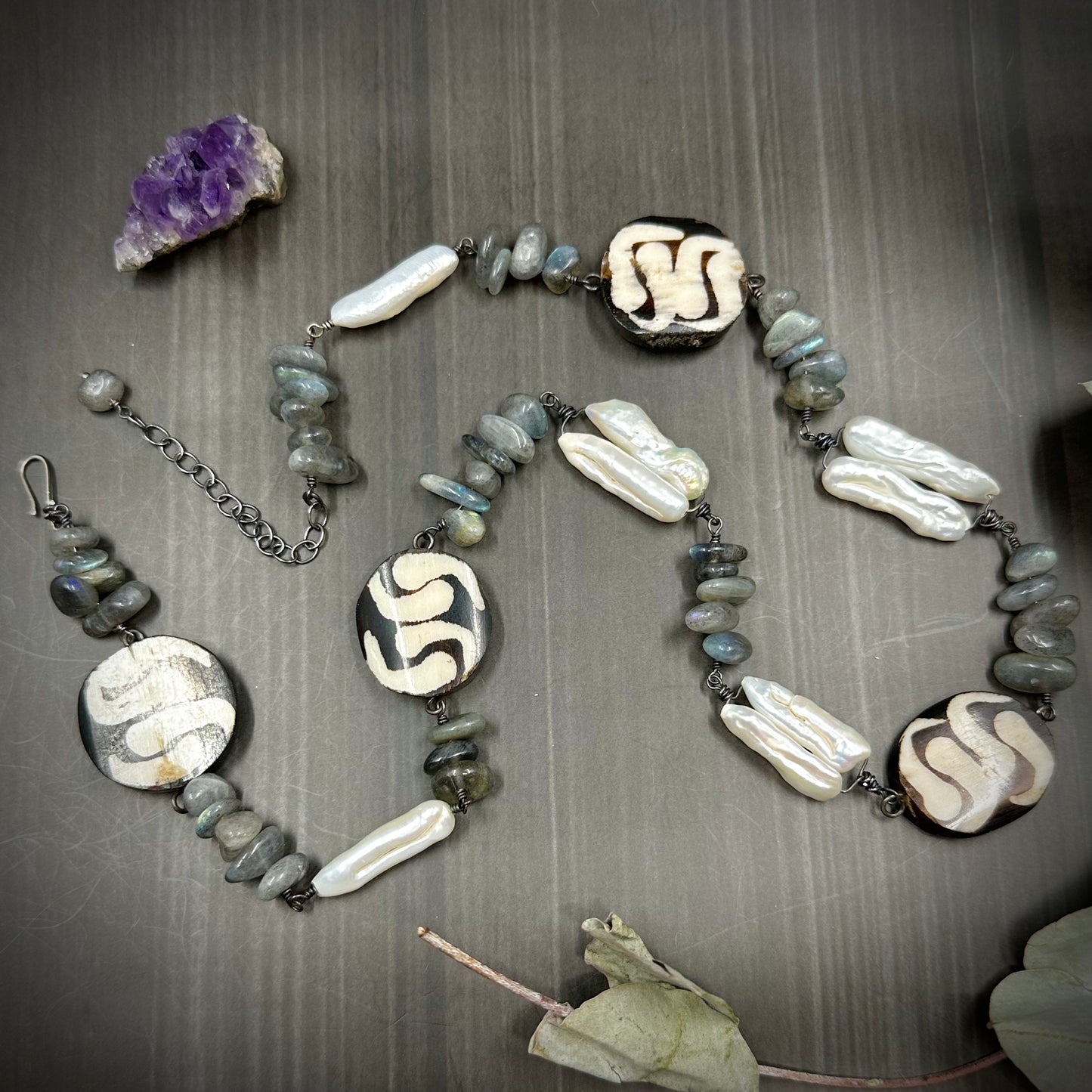 Bone, Labradorite, and Pearl Sterling Silver Necklace