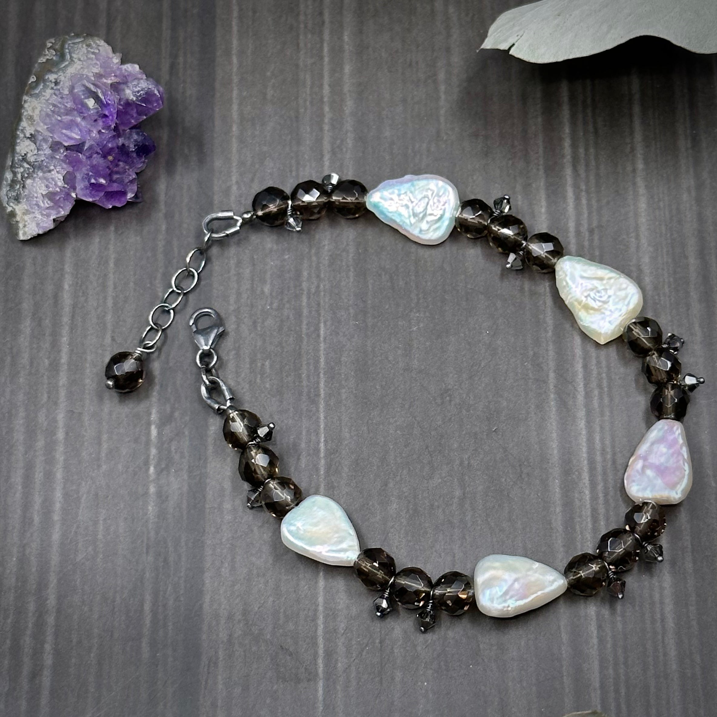 Pearl, Smoky Quartz, and Crystal Bracelet