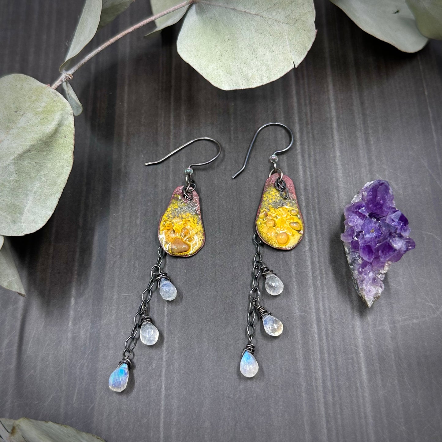 Artisan Enamel and Rainbow Moonstone Earrings