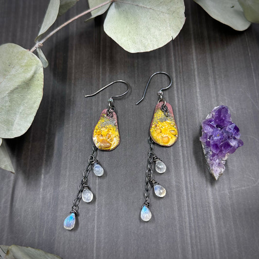 Artisan Enamel and Rainbow Moonstone Earrings
