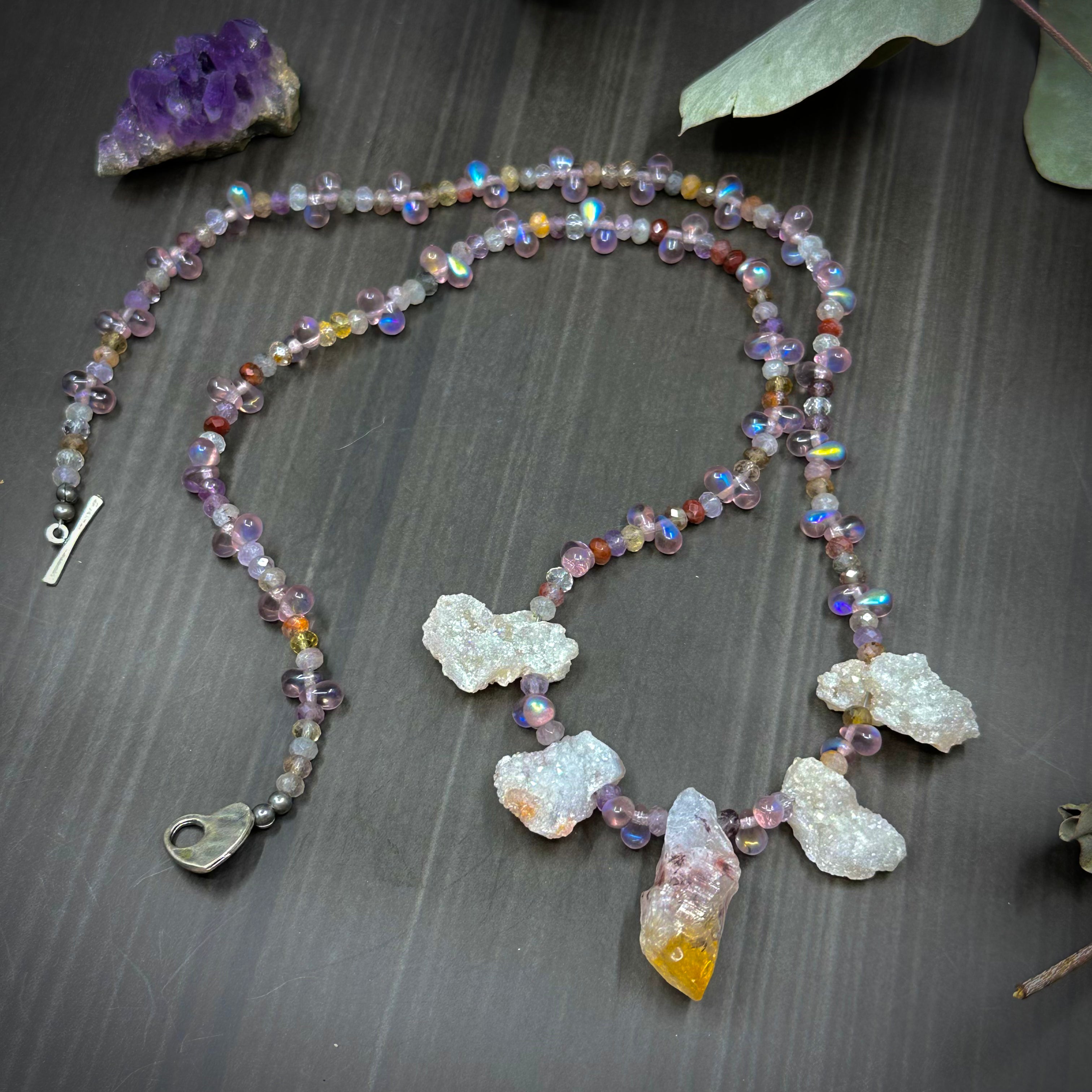 Druzy, Citrine, Cacoxenite, and Czech Glass Necklace