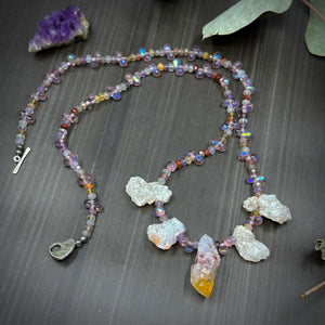 Druzy, Citrine, Cacoxenite, and Czech Glass Necklace