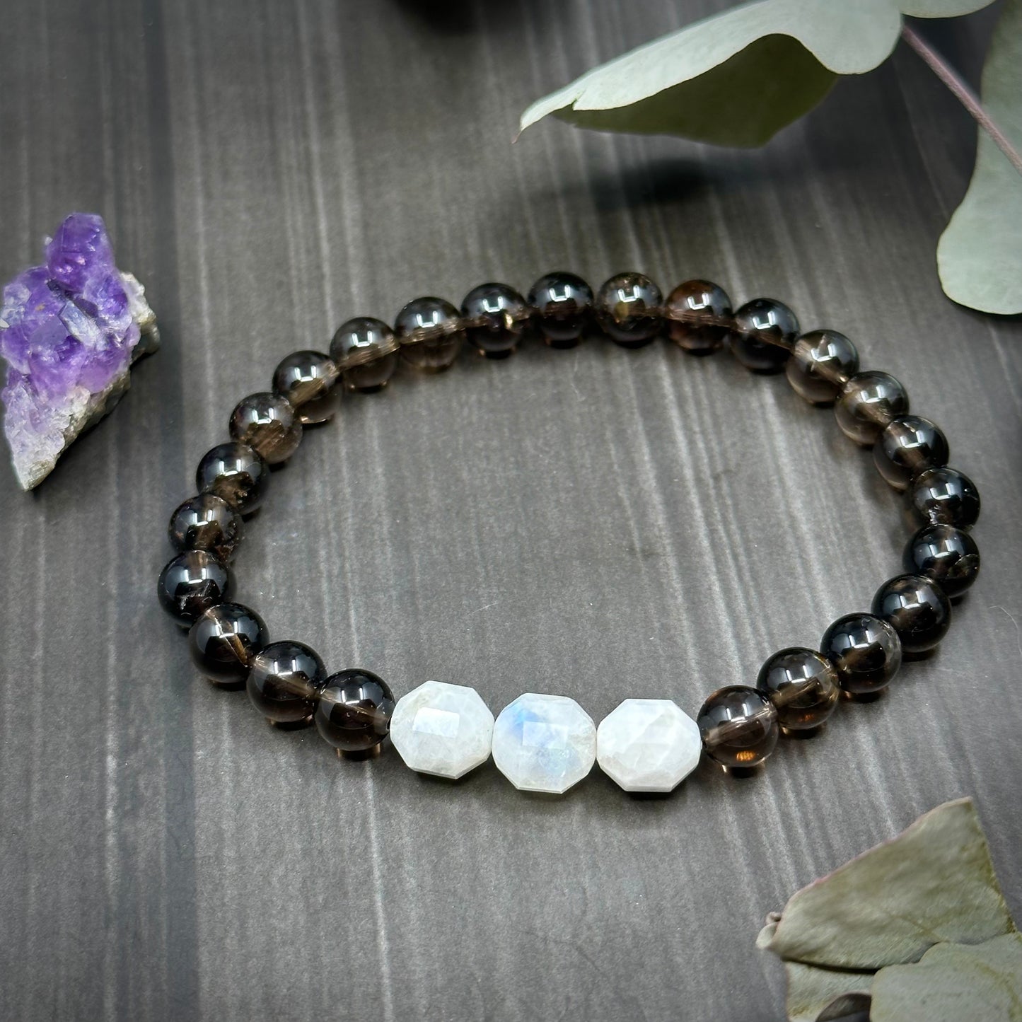 8" Rainbow Moonstone and Smoky Quartz Stretch Bracelet