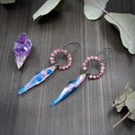 Load image into Gallery viewer, Artisan Glass and Pink Tourmaline Wrapped Hoop Earrings
