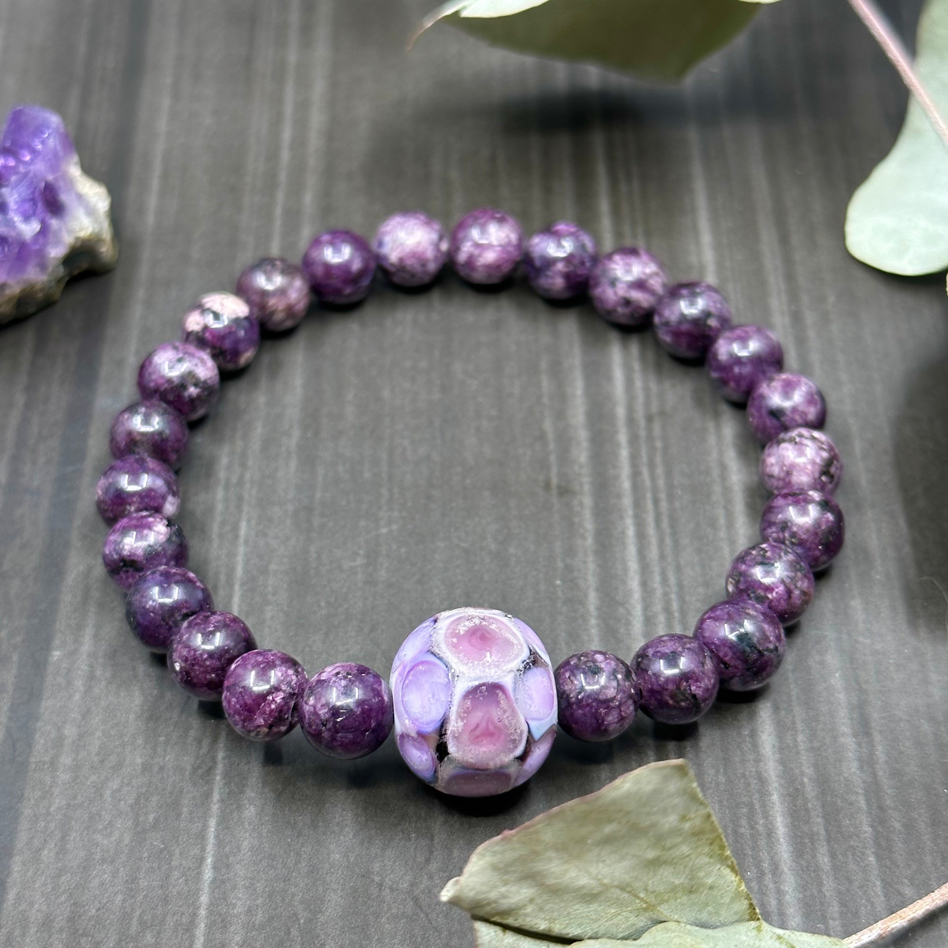7" Stretch Bracelet with Lepidolite and Artisan Glass