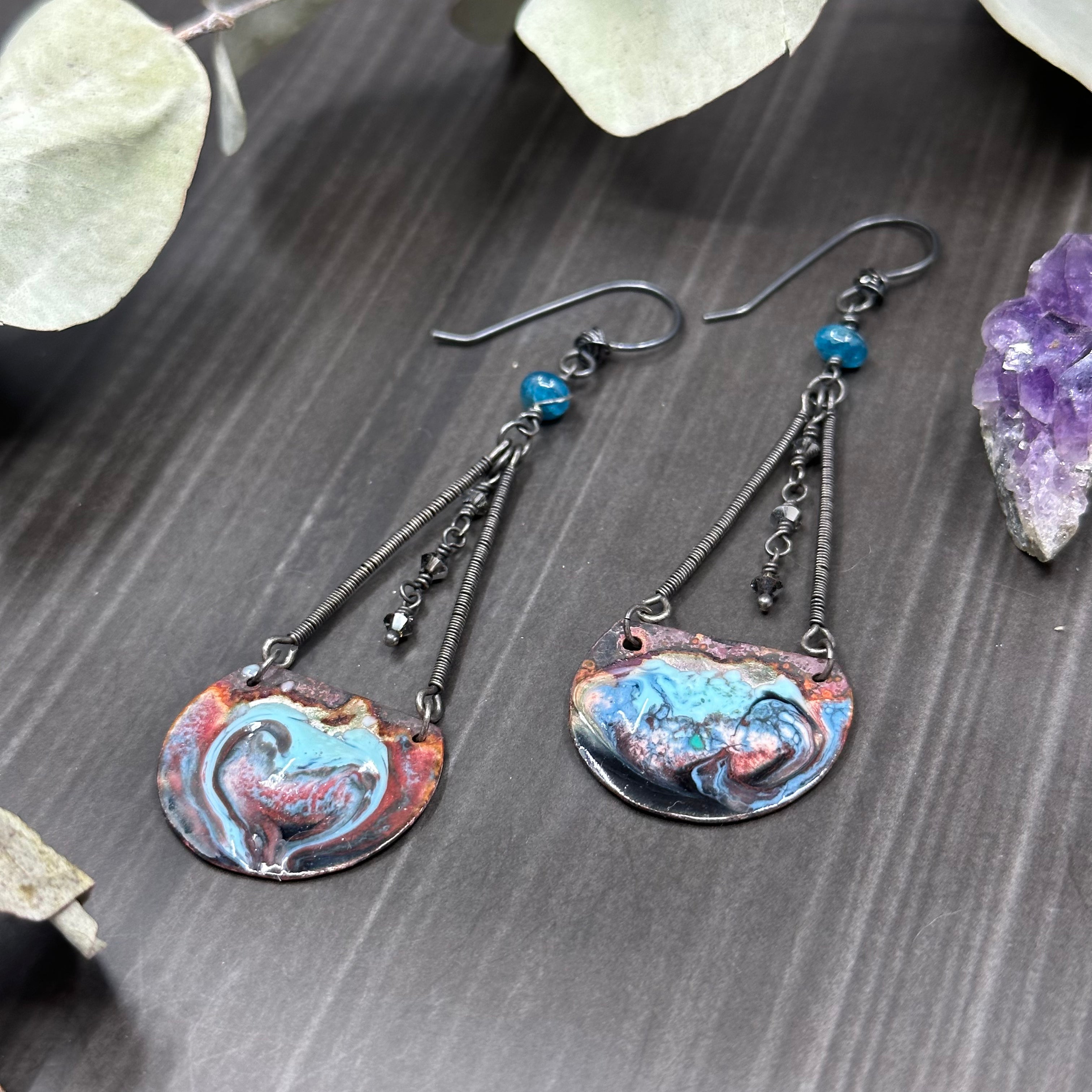 Apatite and Artisan Enamel sterling silver earrings