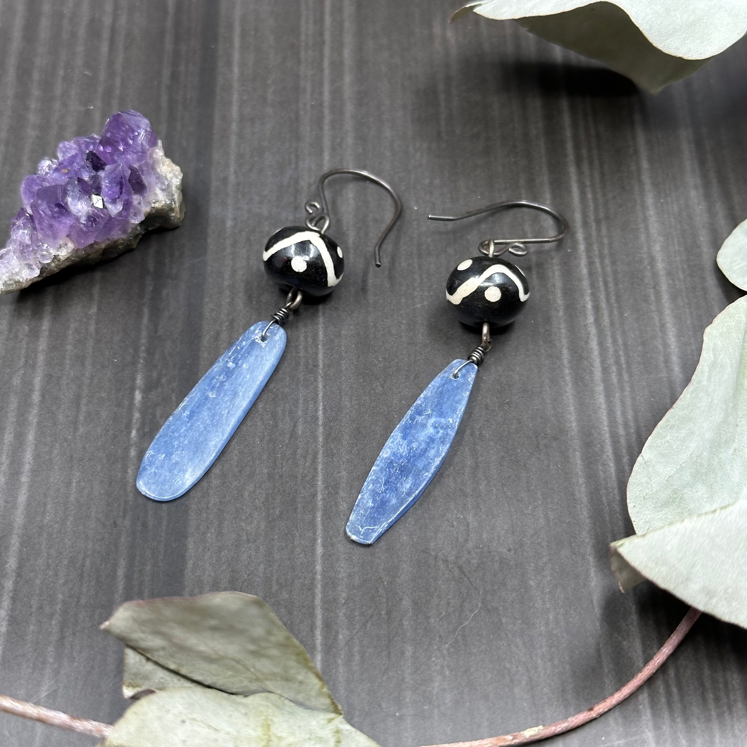 Blue Kyanite and Bone Sterling Silver Earrings