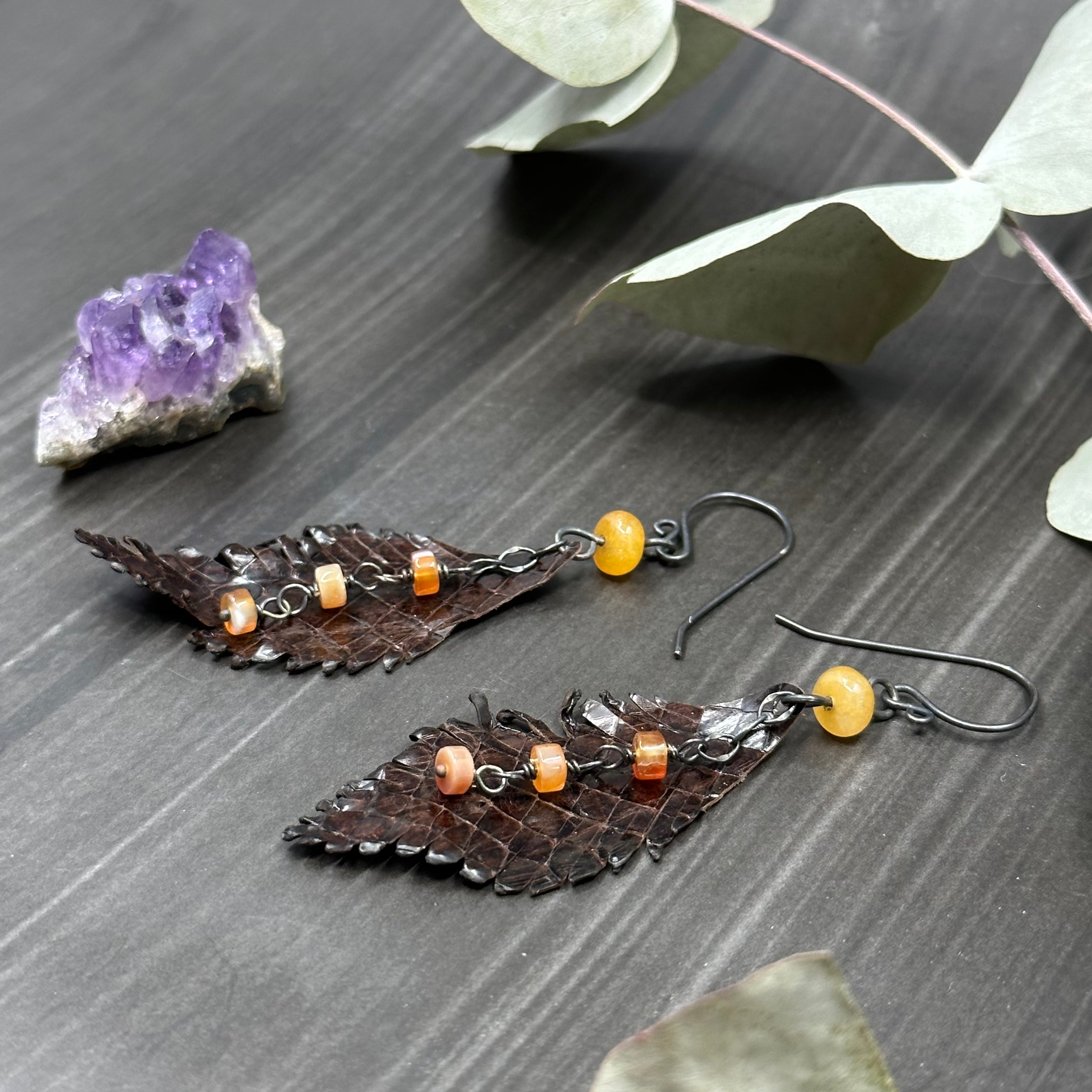Snakeskin Leather Feather Earrings with Carnelian and Aventurine
