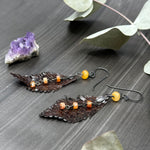 Load image into Gallery viewer, Snakeskin Leather Feather Earrings with Carnelian and Aventurine
