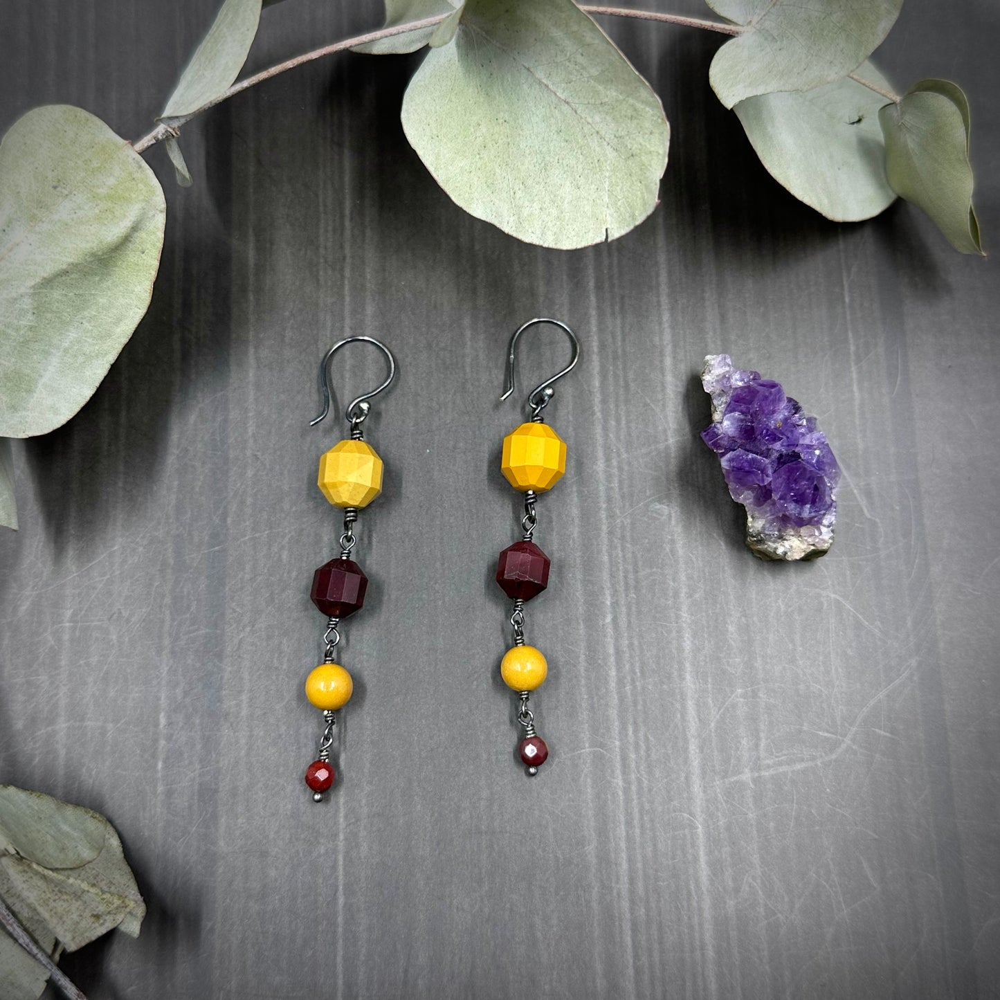 Yellow and Burgundy Mookaite Earrings