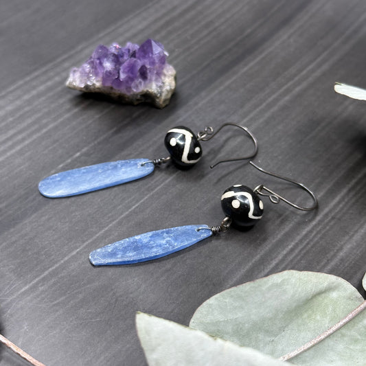 Blue Kyanite and Bone Sterling Silver Earrings