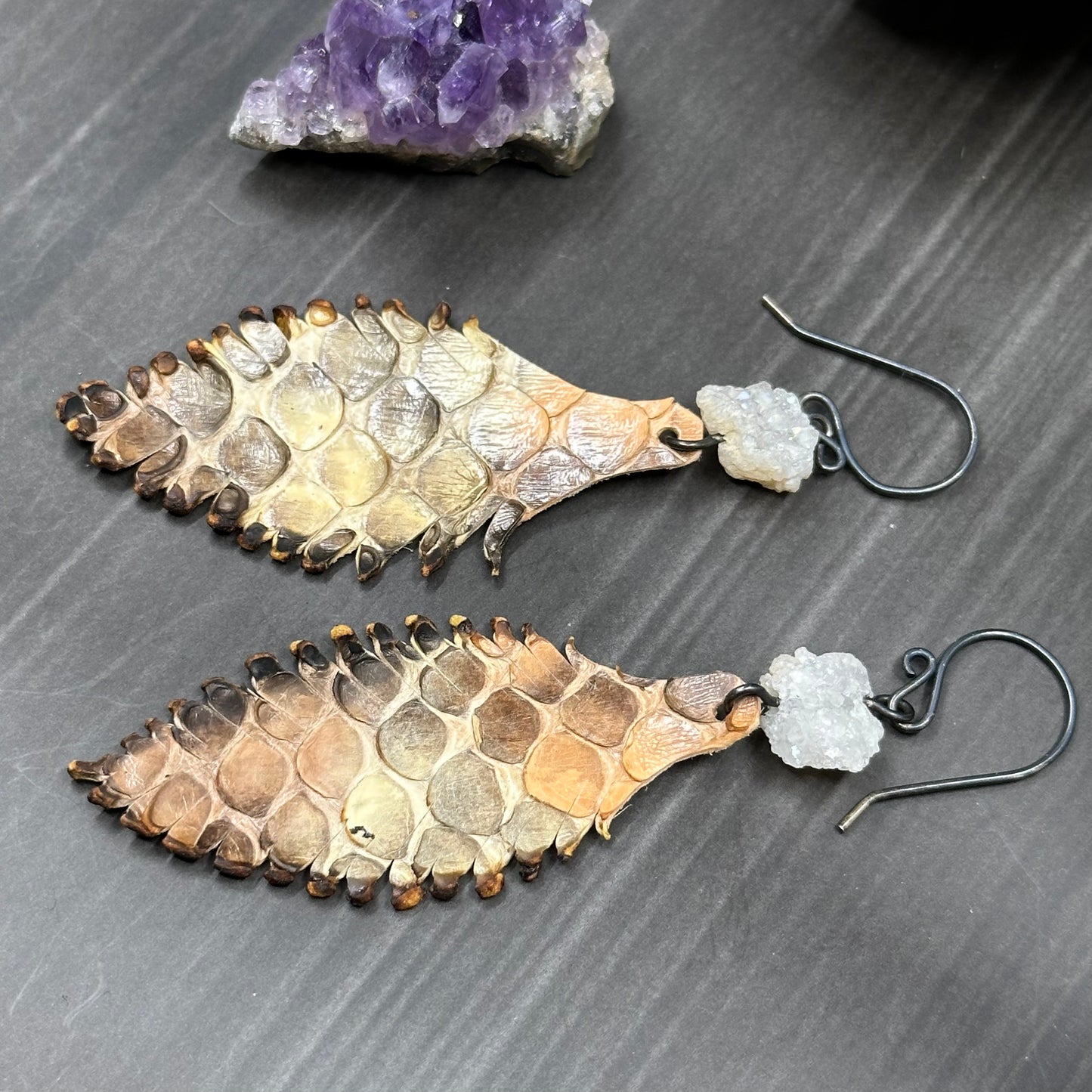 Leather Feather and Drusy Quartz Earrings