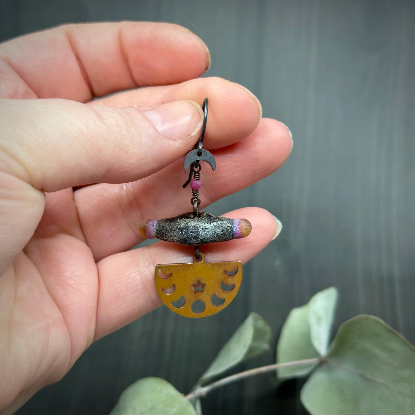 Copper Moon Phases and Artisan Glass Earrings