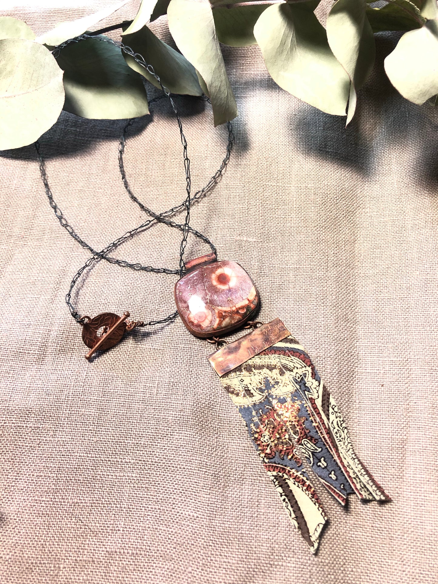 Copper, Birdseye rhyolite, and embossed leather necklace