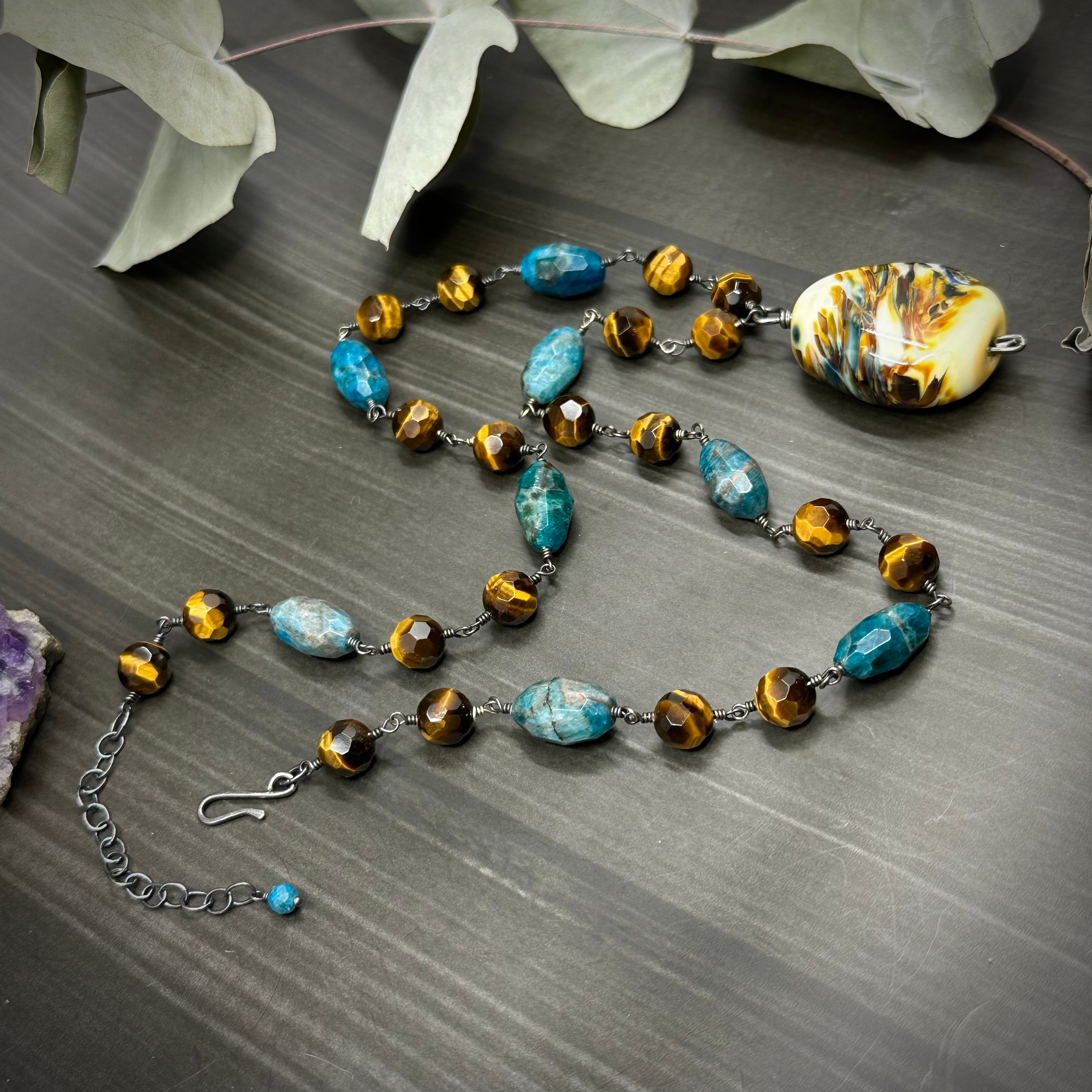 Tiger Eye, Apatite, Artisan Glass, and Sterling Silver Necklace