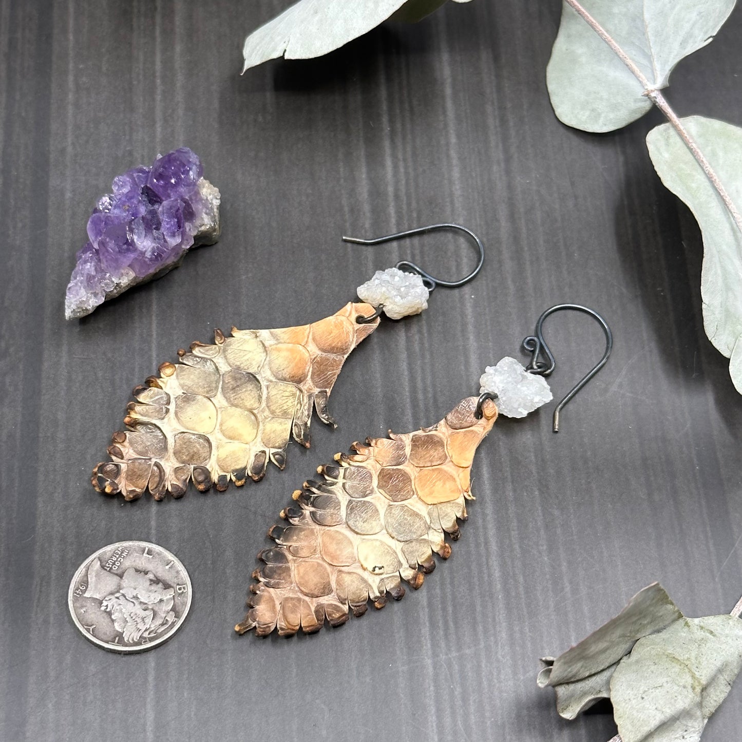 Leather Feather and Drusy Quartz Earrings