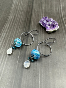 Lampwork, Moonstone, and Crystal Earrings