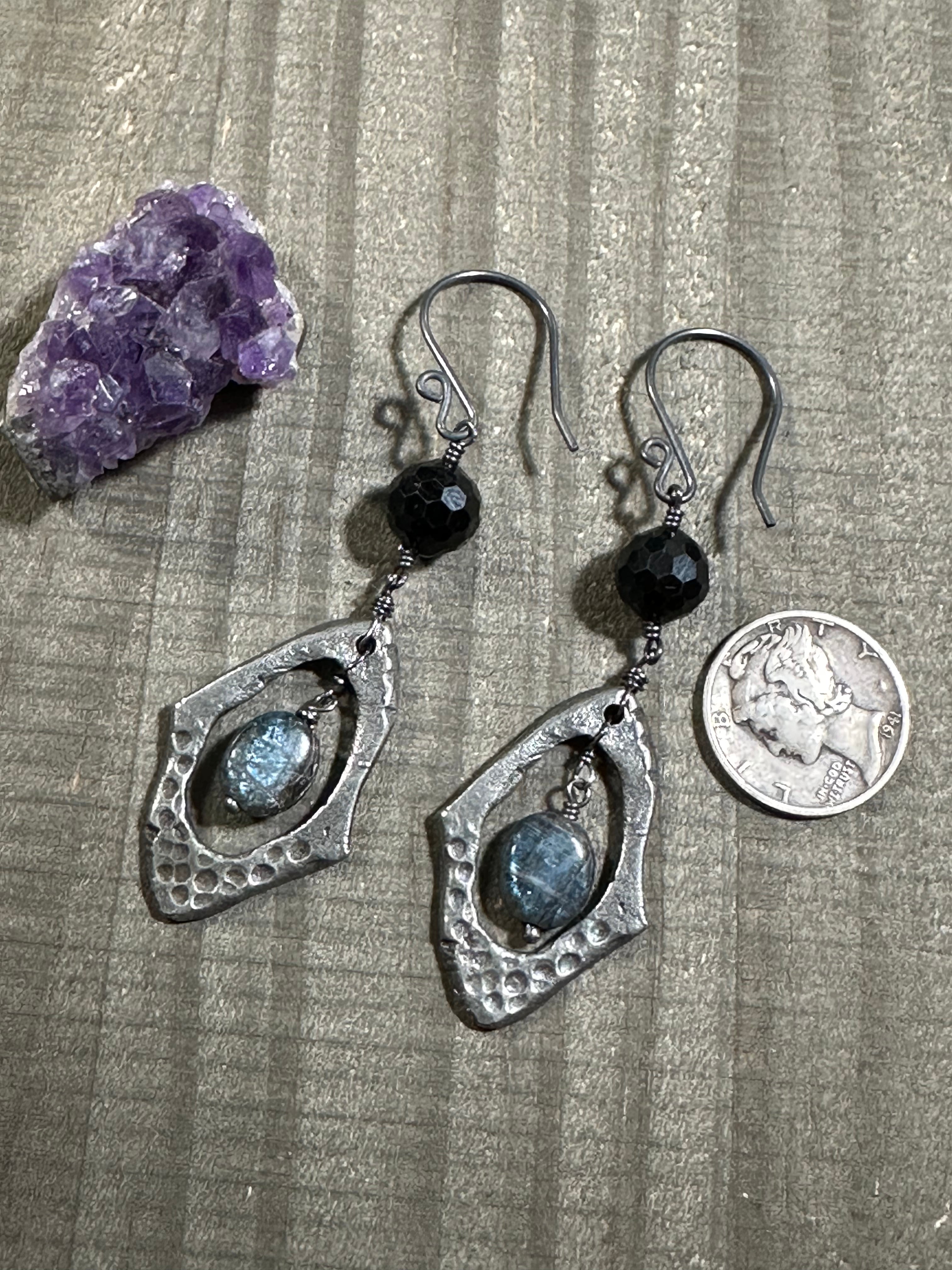 Kyanite, Pewter, Black Spinel and Sterling Silver Earrings