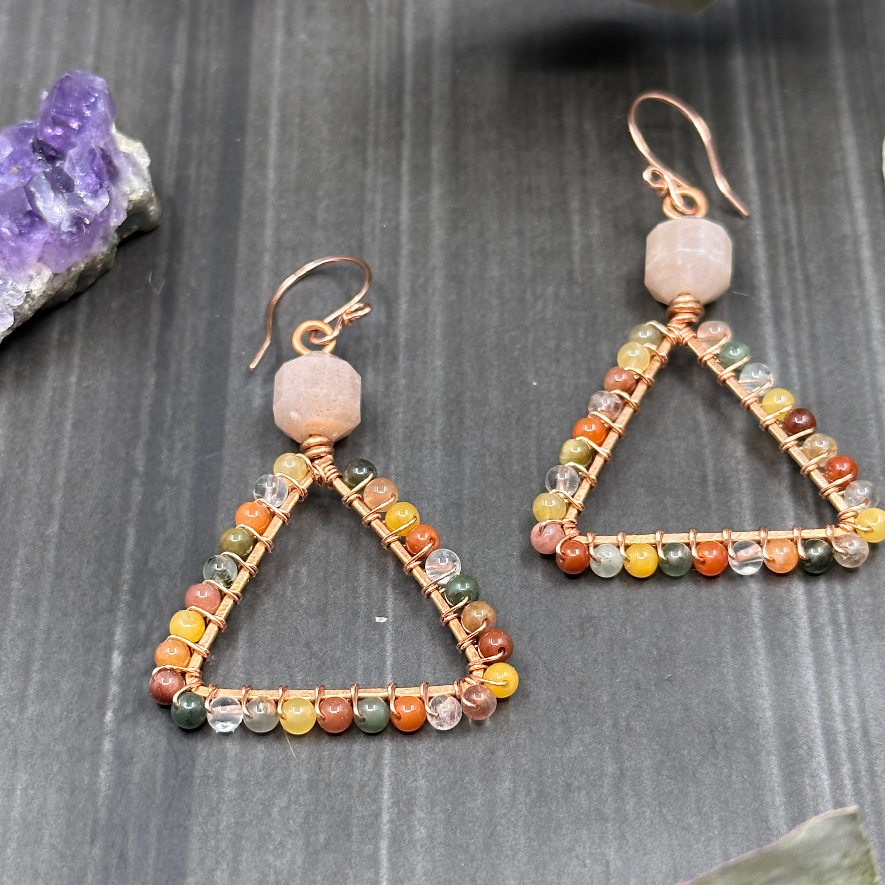 Triangle hoop earrings with Mixed Quartz and Peach Moonstone