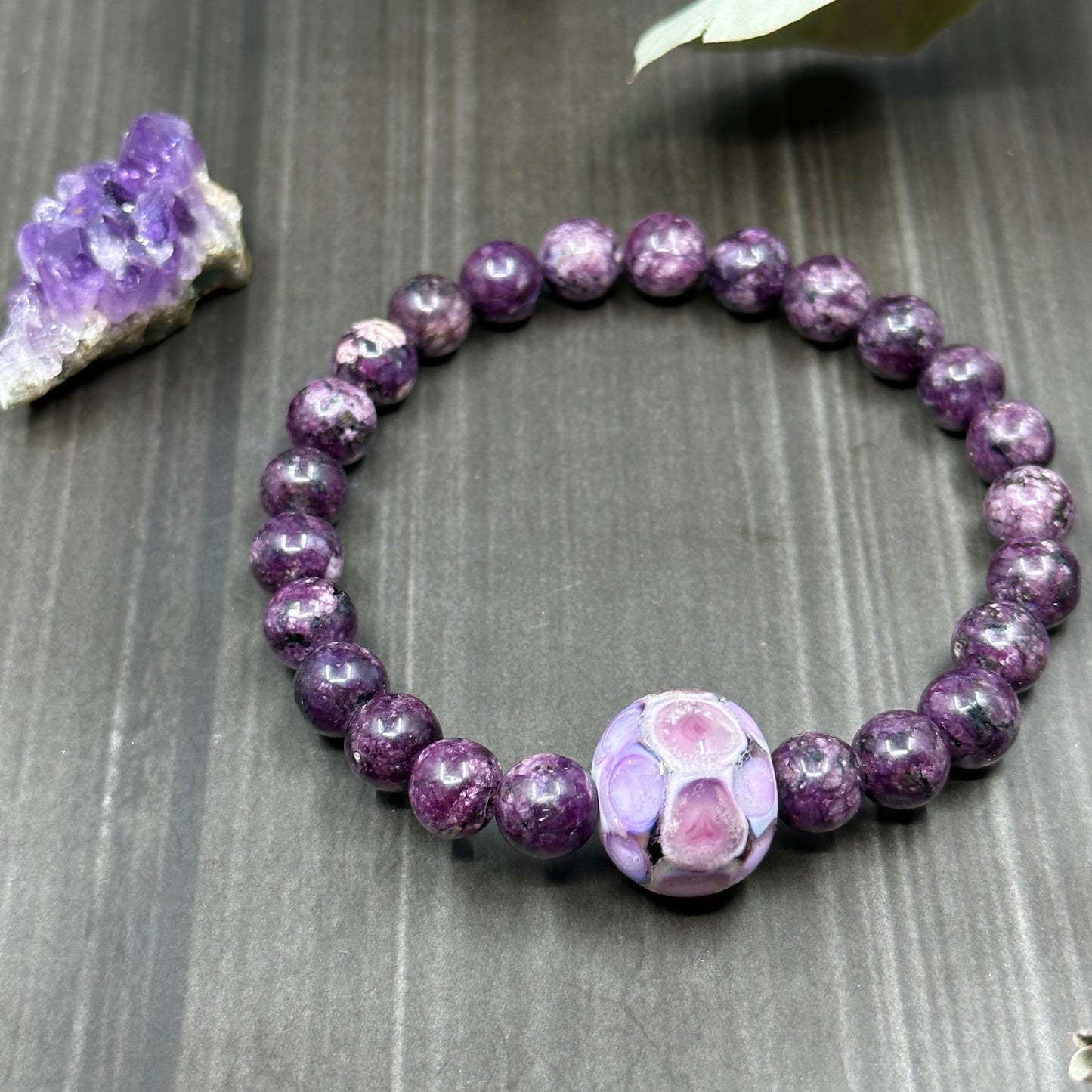 7" Stretch Bracelet with Lepidolite and Artisan Glass