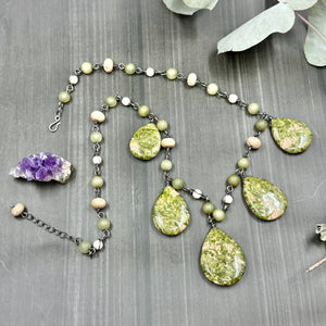 Unakite, Sea Glass, Wood, and Sterling Silver Necklace