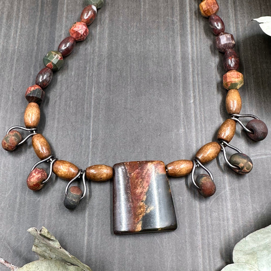 Jasper, Wood, and Sterling Silver Necklace