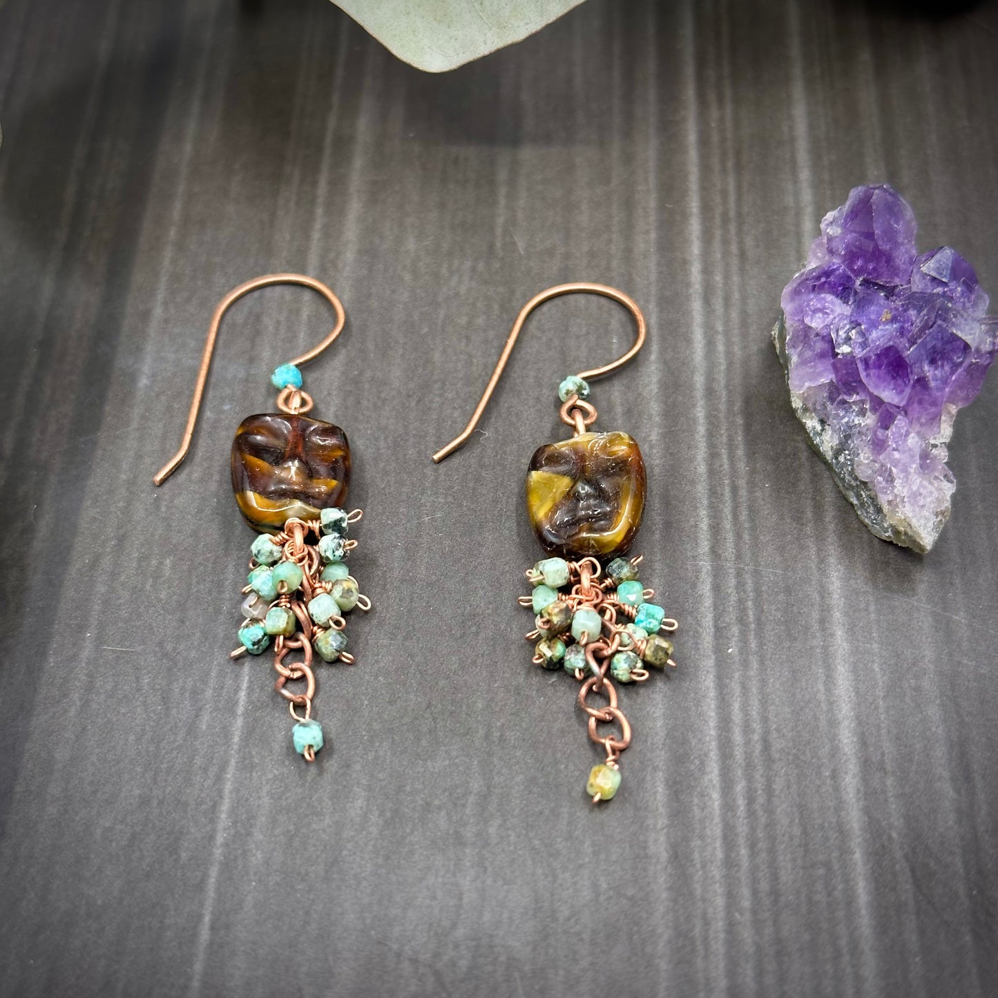 African Turquoise Jasper and Moody Face Cluster Earrings