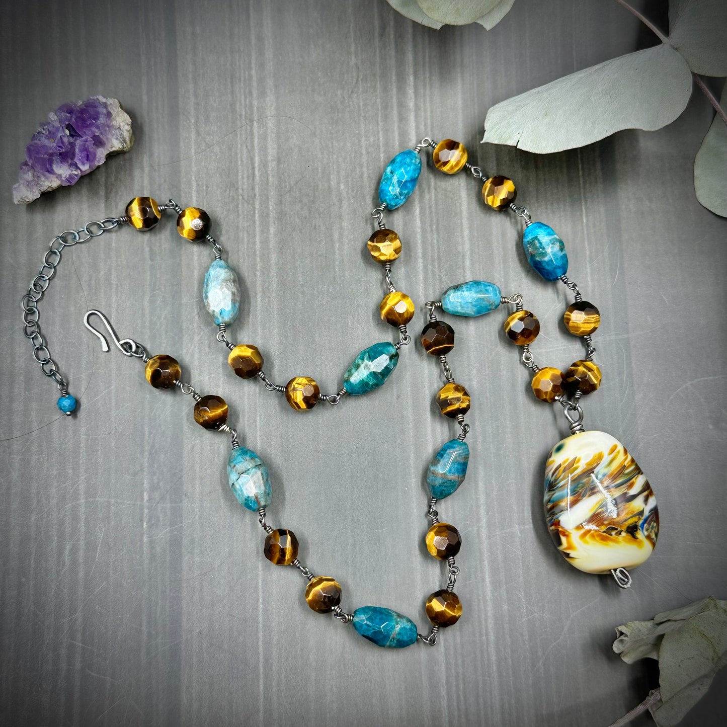 Tiger Eye, Apatite, Artisan Glass, and Sterling Silver Necklace