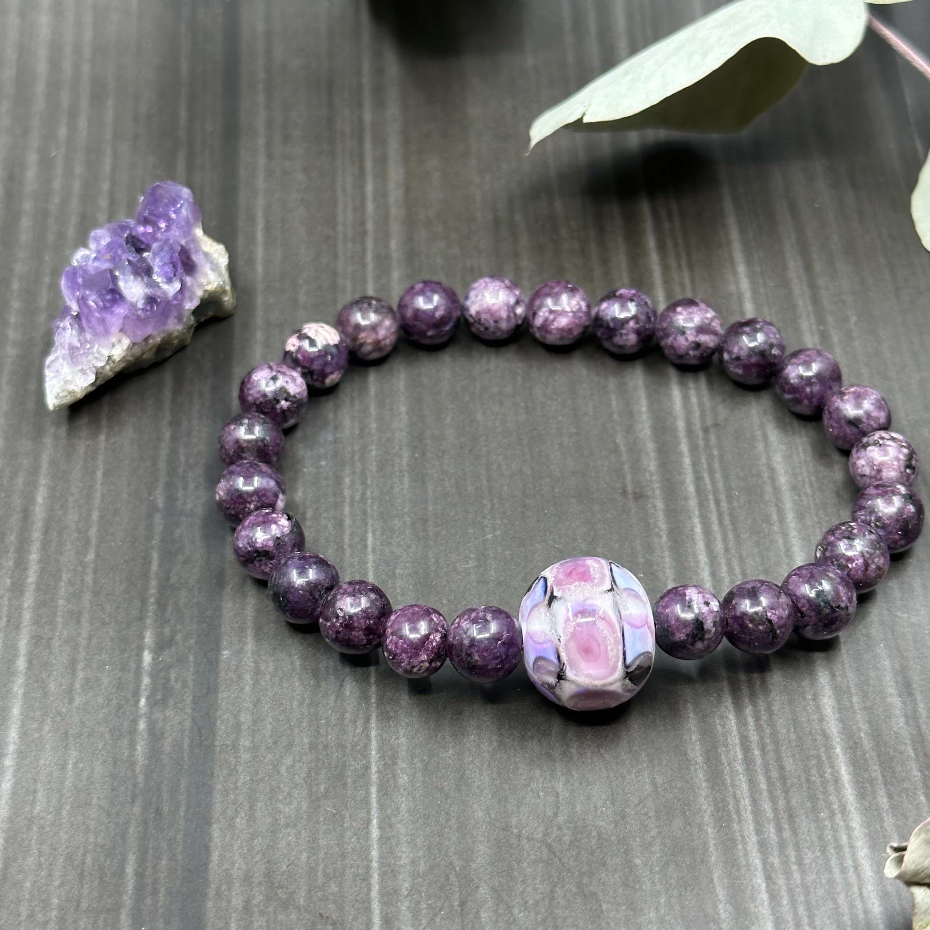 7" Stretch Bracelet with Lepidolite and Artisan Glass