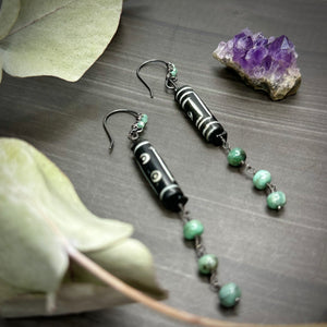 Carved Bone Earrings with Black Spinel and Emeralds