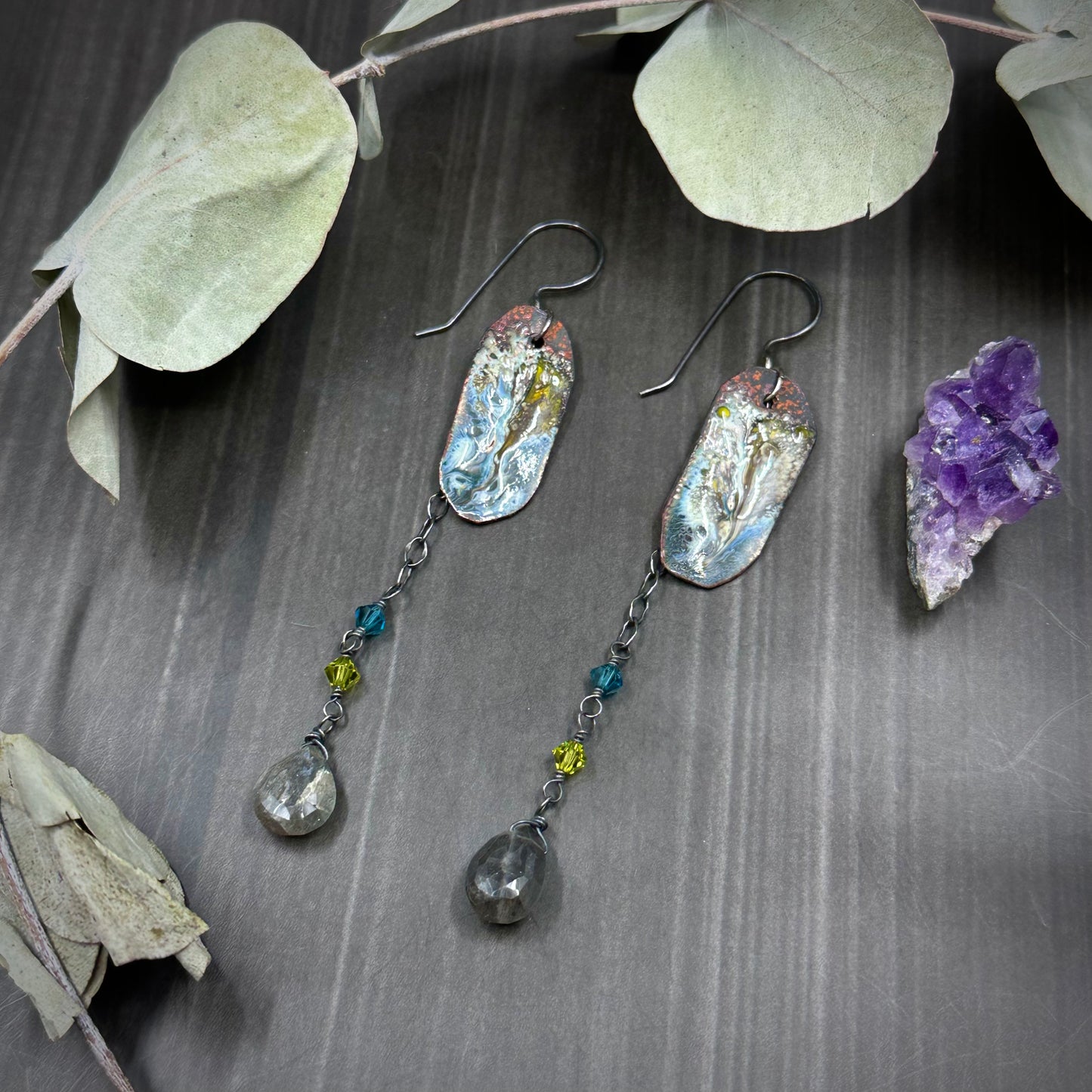 Artisan enamel, crystal, labradorite, and sterling silver earrings