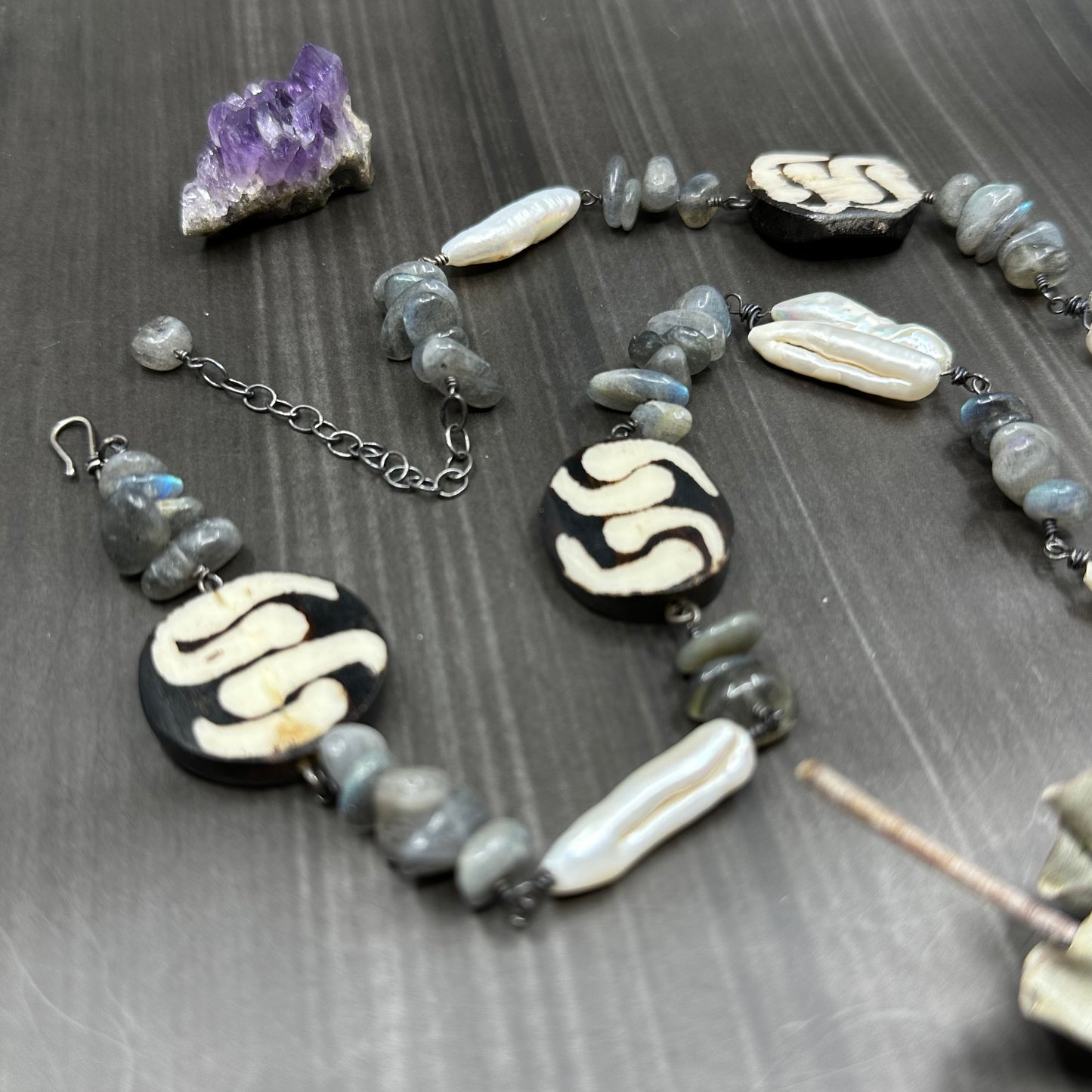 Bone, Labradorite, and Pearl Sterling Silver Necklace