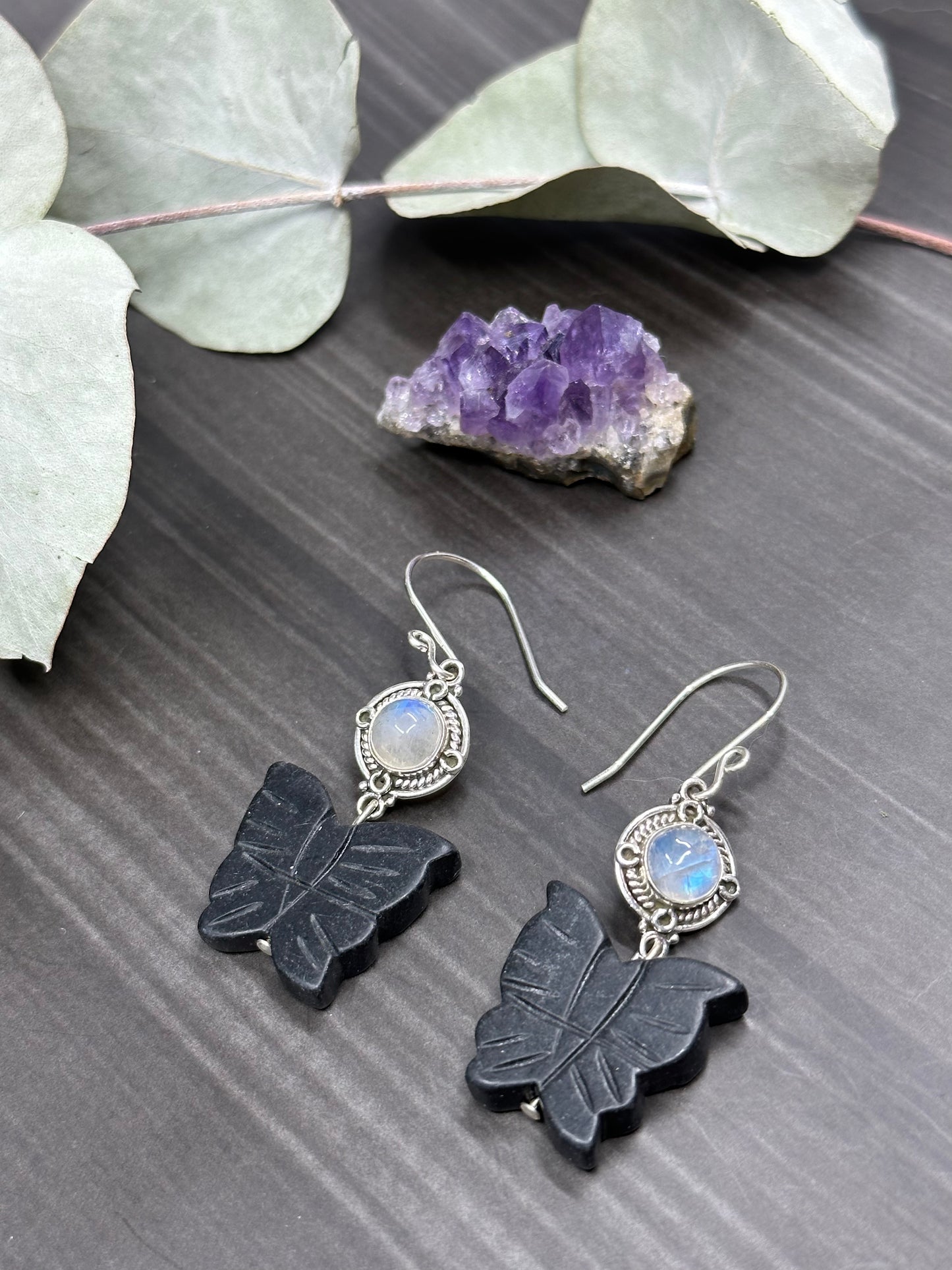 Black Jade and Rainbow Moonstone Butterfly Earrings