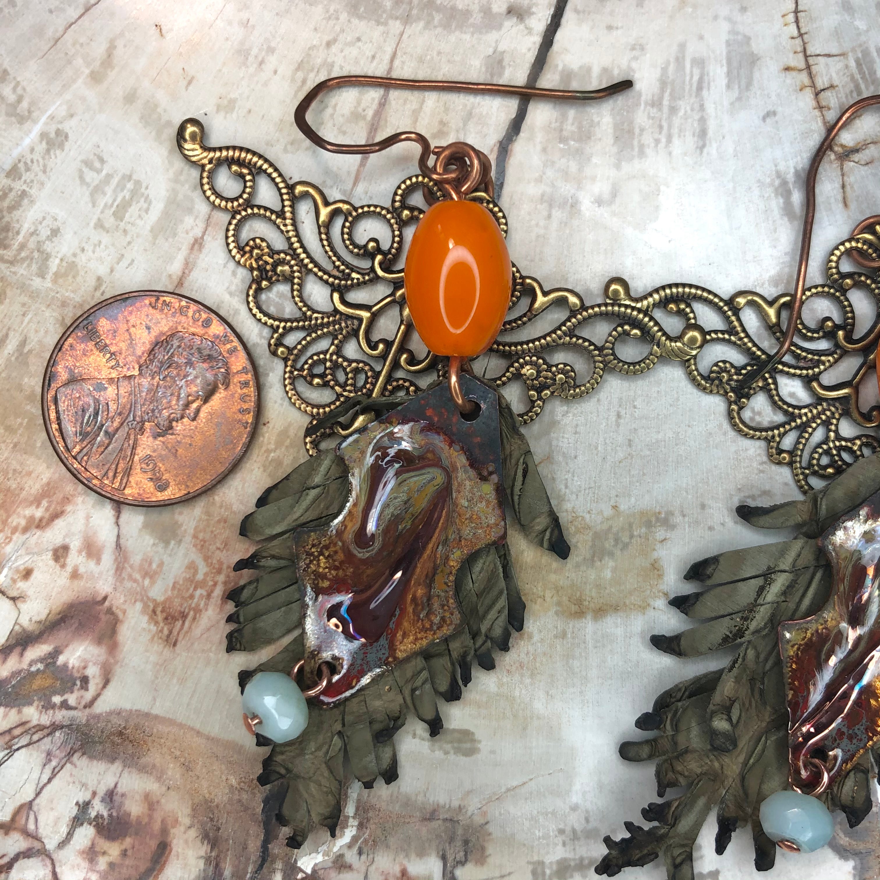 Leather feathers with vintage elements and Artisan Enamel