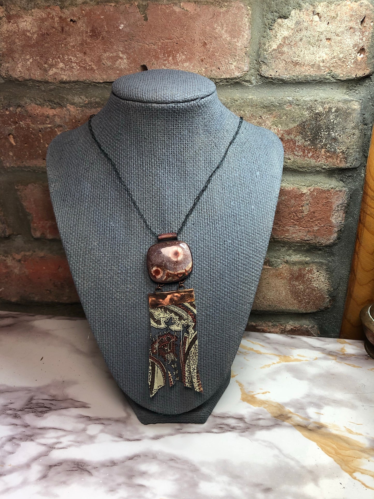 Copper, Birdseye rhyolite, and embossed leather necklace