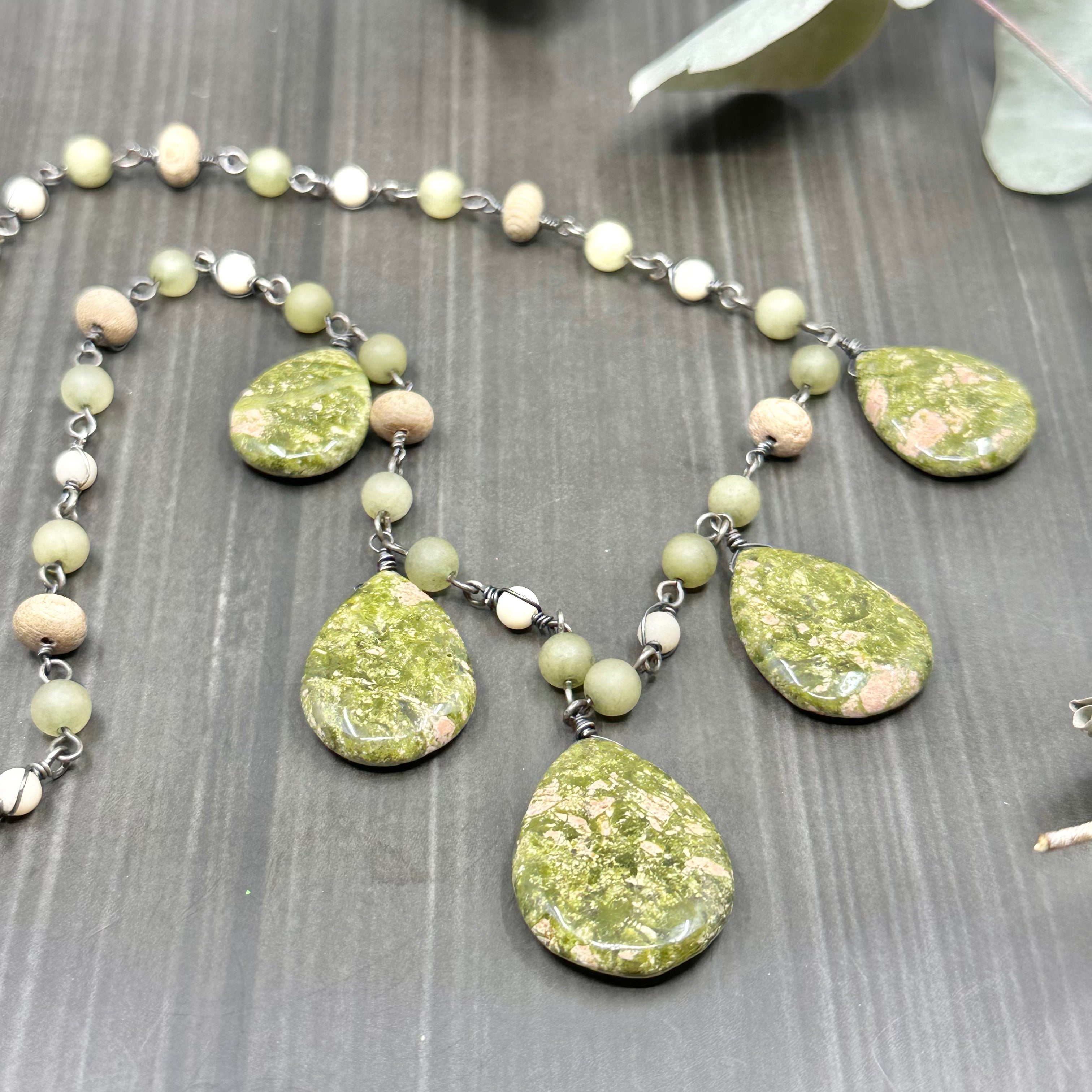 Unakite, Sea Glass, Wood, and Sterling Silver Necklace