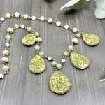 Load image into Gallery viewer, Unakite, Sea Glass, Wood, and Sterling Silver Necklace
