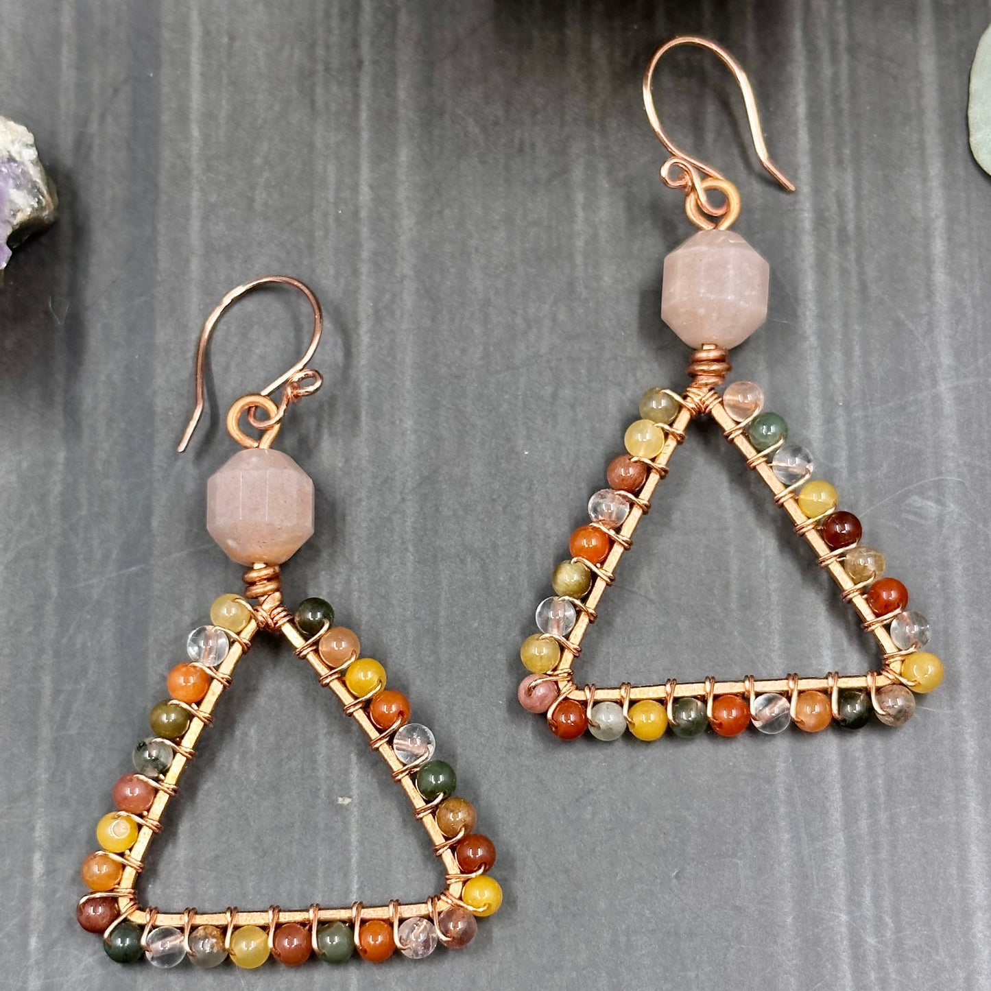 Triangle hoop earrings with Mixed Quartz and Peach Moonstone