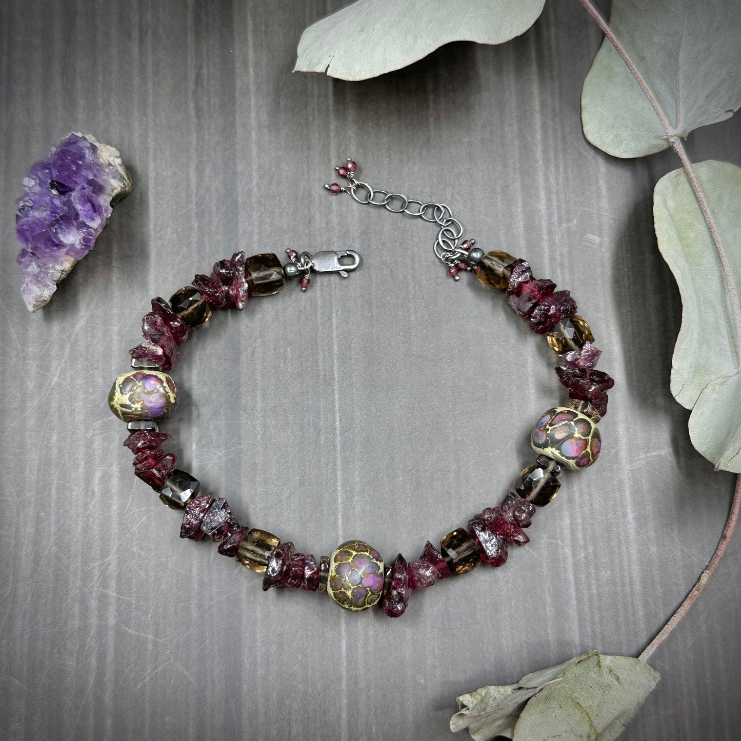 Garnet, Artisan Glass, and Smokey Quartz Bracelet