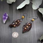 Load image into Gallery viewer, Snakeskin Leather Feather Earrings with Carnelian and Aventurine
