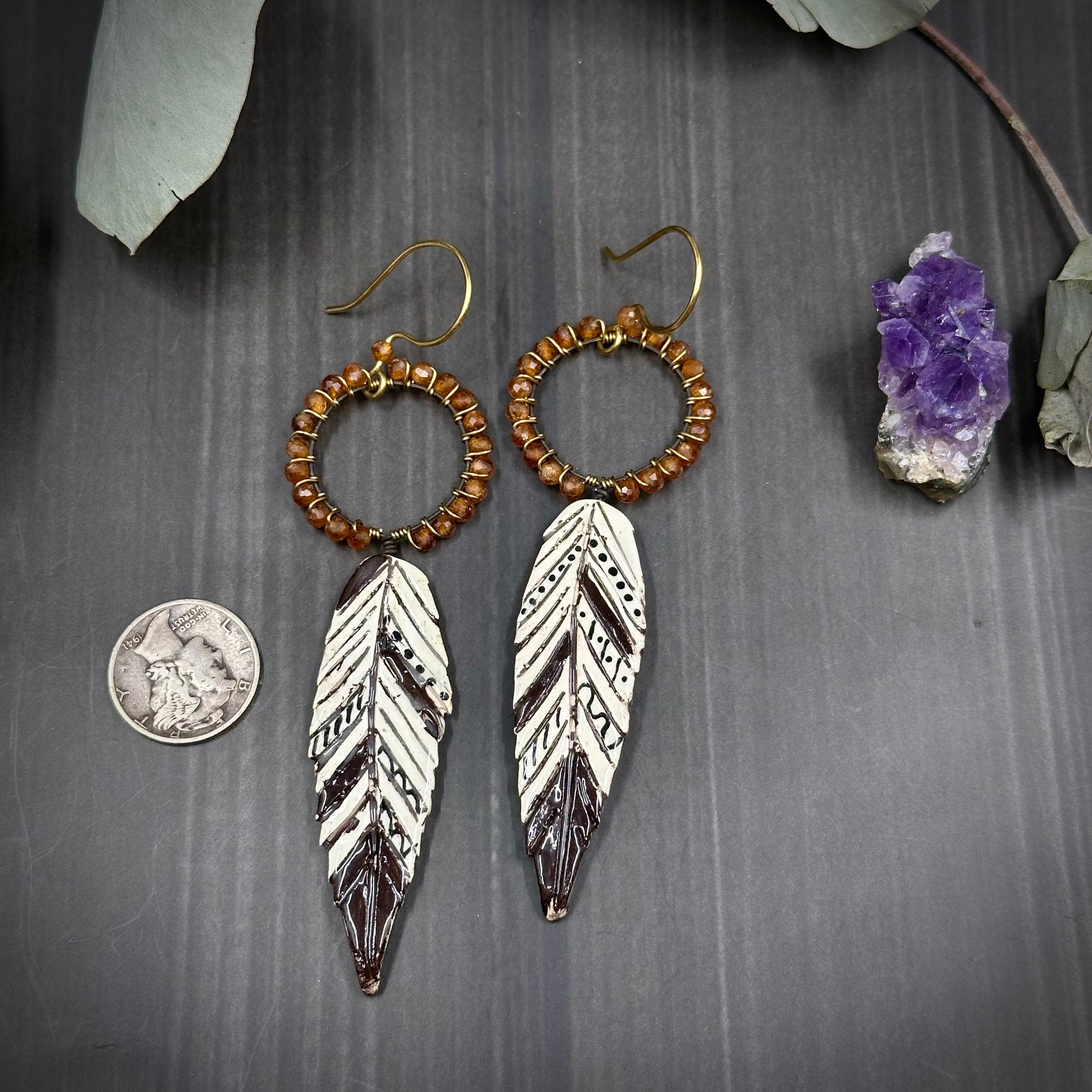 Hessonite Garnet and Ceramic Feather Earrings