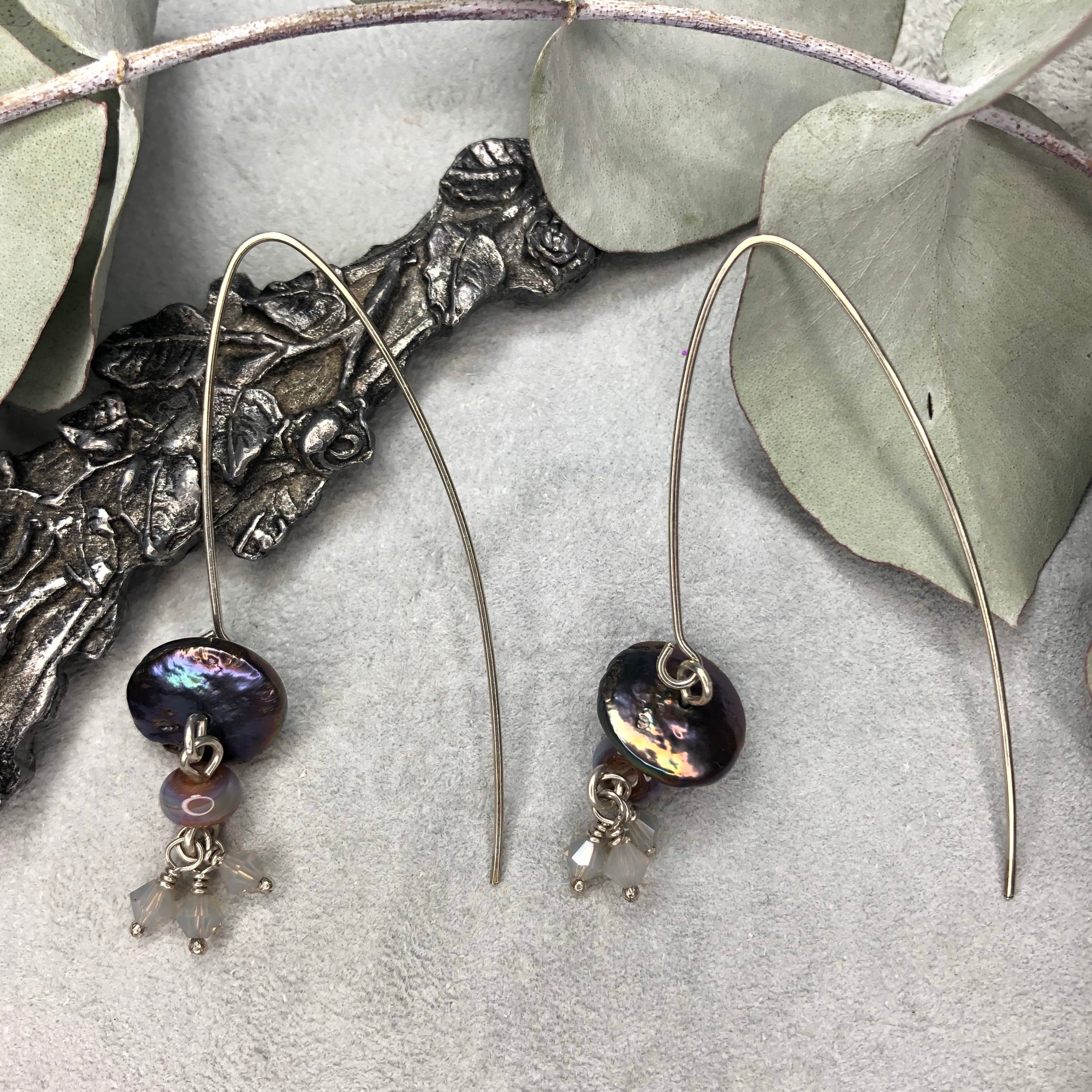 Sterling Silver drop earrings with pearls, Swarovski, and artisan glass