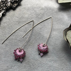 Lampwork glass, sterling silver, Swarovski crystals, Swarovski pearls earrings