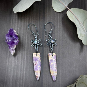 Rainbow Moonstone and Petrified Fluorite Earrings