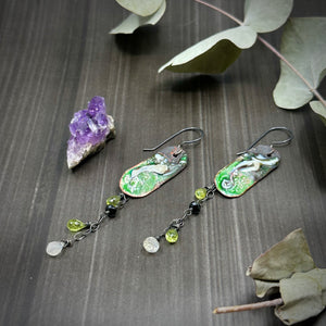 Artisan Enamel, Peridot, and Rainbow Moonstone Earrings