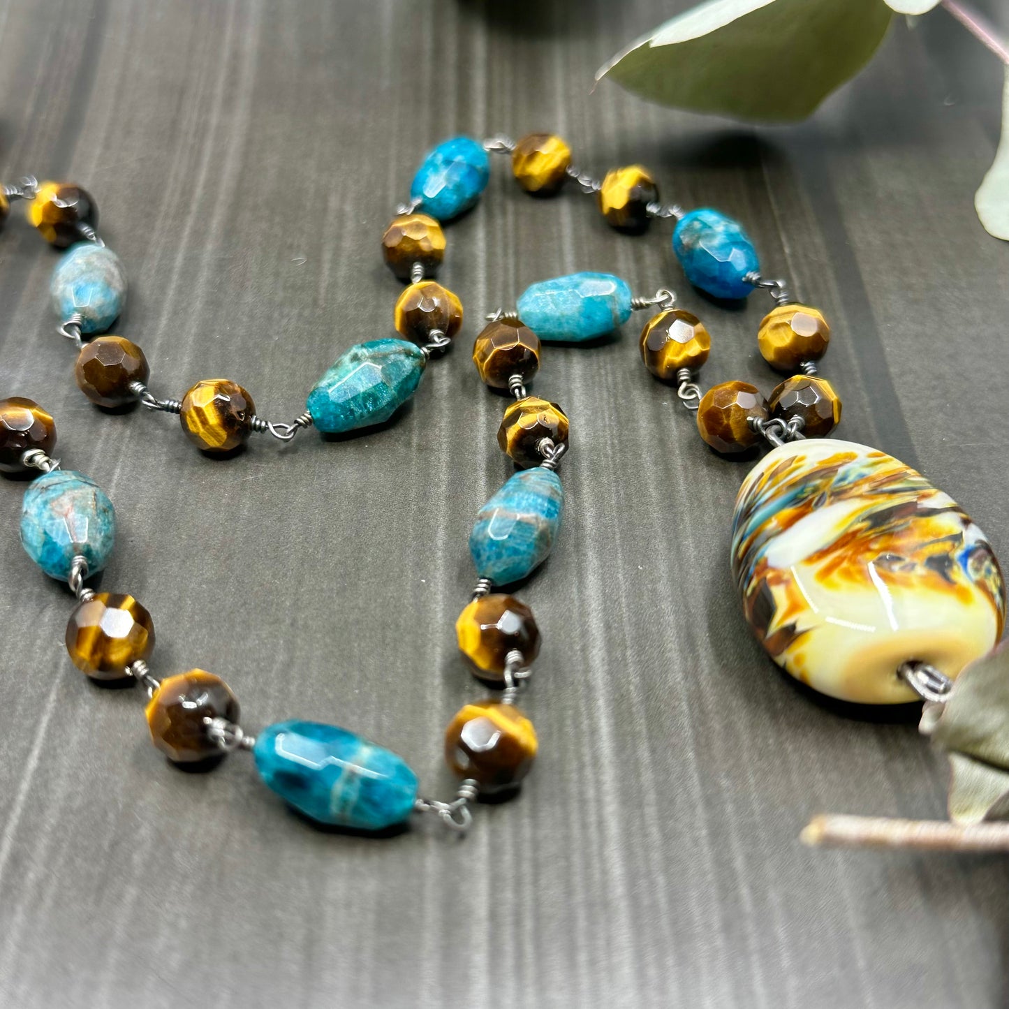 Tiger Eye, Apatite, Artisan Glass, and Sterling Silver Necklace