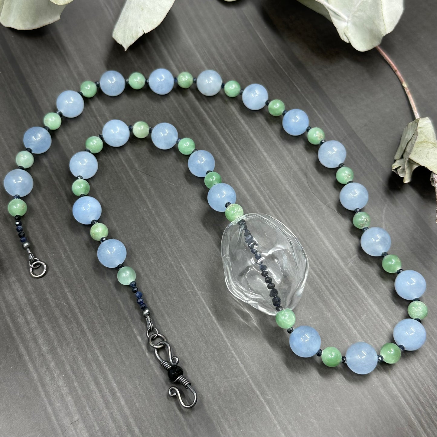 Artisan Glass, Sapphire, Onyx, Aventurine, and Sterling Silver Necklace